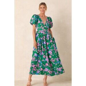 SUGARLIPS Green Floral Puff Sleeve Maxi Dress Easter Spring Cottagecore S